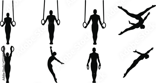 Gymnast silhouettes, ring routines, athletic poses, strength training, body control, flexibility, black figures, motion study, dynamic movement, gym technique
