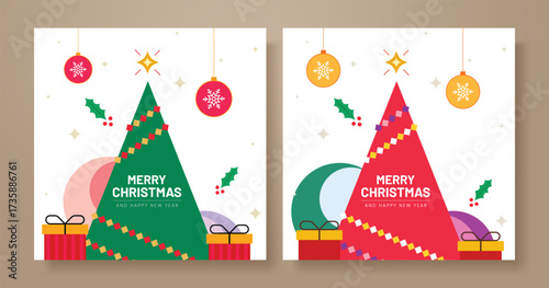 Flat design Christmas greeting card templates with modern geometric trees, ornaments, and gifts.