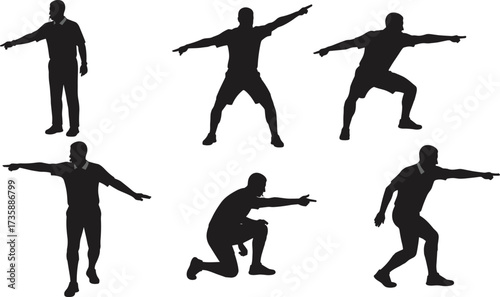Pointing silhouette pose, dynamic gesture stance, crouch and kneel action, expressive body movement, black figure outline, isolated background, signal communication