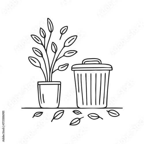 A wastebasket beside a potted plant with fallen leaves around it