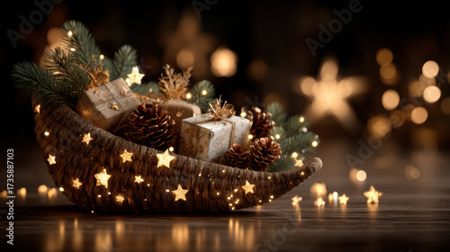 Christmas cornucopia concept. Festive basket with wrapped gifts, pinecones, and evergreen branches, adorned with glowing star lights, creating warm holiday ambiance