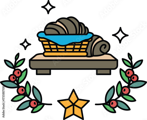 A basket with a piece of bread and a blanket on top of it