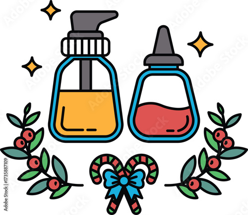 A bottle of lotion is next to a bottle of perfume
