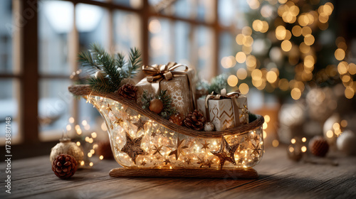 Christmas cornucopia concept. Festive sleigh centerpiece with glowing lights, pinecones, and wrapped gifts, creating warm holiday ambiance