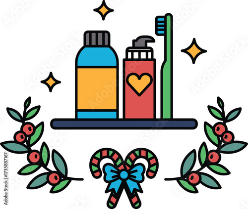 A bottle of shampoo and a toothbrush are on a tray with a wreath