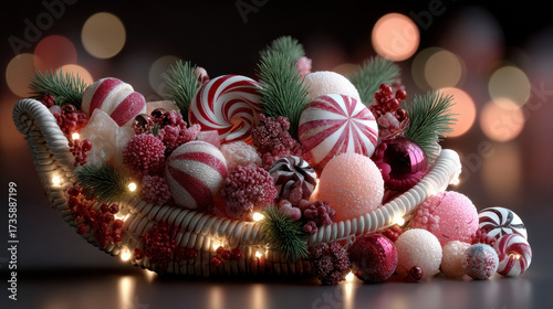 Christmas cornucopia concept. Festive sleigh filled with colorful Christmas ornaments, candy canes, and pine branches, illuminated by warm lights