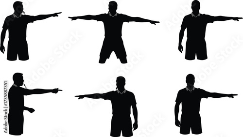 Referee hand signal silhouette, sports official gesture pose, black figure stance, dynamic communication movement, isolated background, game decision action