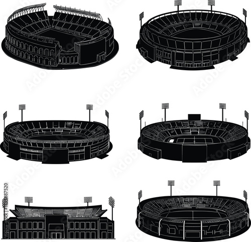 Stadium silhouette vector illustration, sports arena design, outdoor field architecture, large event venue, modern amphitheater structure