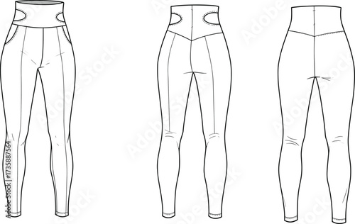 CAD drawing flat vector illustration, high waist leggings, fashion technical sketch, front and back view, workout pants, activewear design template, apparel mockup