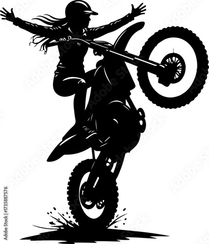 "Motocross Girl Performing Epic Wheelie Silhouette"