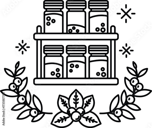 A black and white drawing of a spice rack with six jars on it
