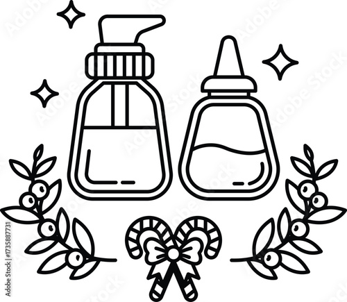Two bottles of lotion are shown with a wreath of leaves and a candy cane