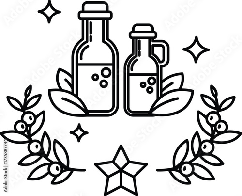 Two bottles of olive oil are surrounded by leaves and stars