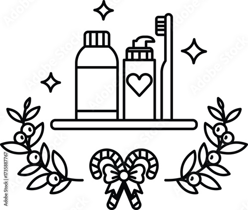 A black and white drawing of a toothbrush, toothpaste, and a bottle of lotion