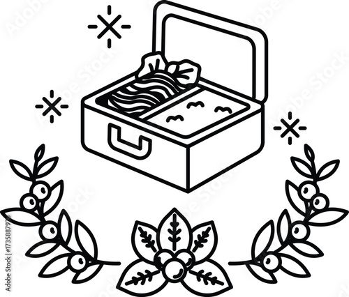 A black and white drawing of a lunch box with a meal inside