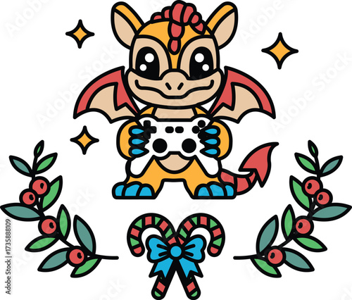 A cartoon dragon holding a video game controller