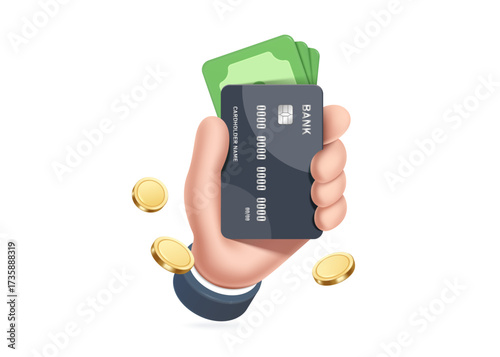 Left hand holds credit card or ATM card and dollar bills, there are gold coins floating in air around it. It is for designing advertising media about financial transactions, payments, money transfers