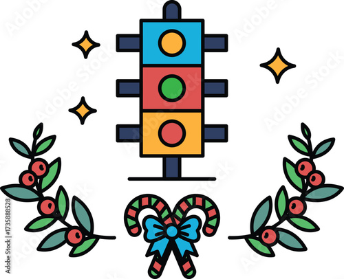 A traffic light with a wreath of leaves and a candy cane