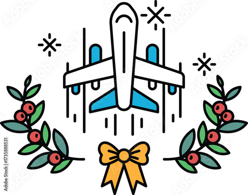 A white airplane with blue wings flying through a wreath of green leaves