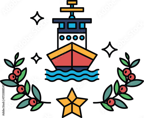 A boat is on a blue background with a star and leaves