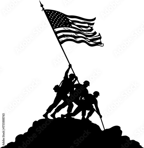 US Military Soldiers and American Flag Silhouette
