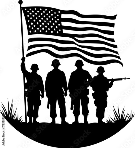 US Military Soldiers and American Flag Silhouette