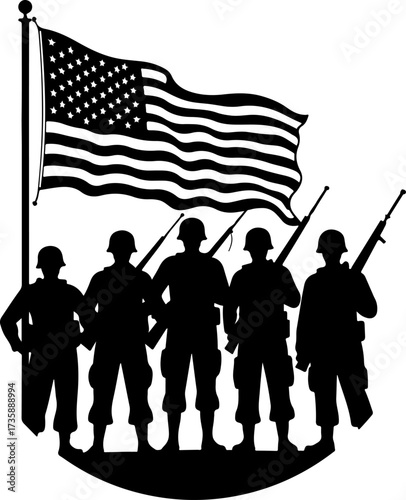 US Military Soldiers and American Flag Silhouette