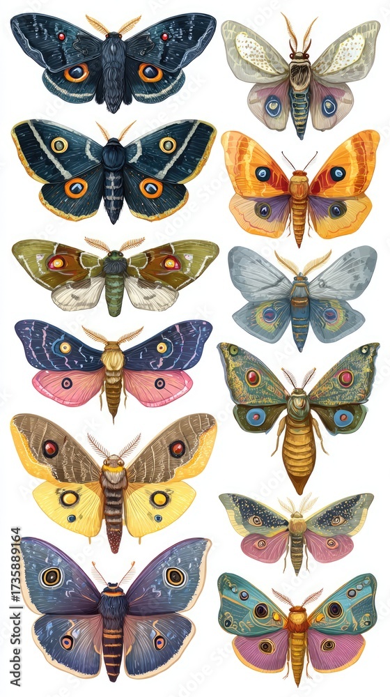Fototapeta premium Colorful moth and butterfly illustrations, various species, detailed wings