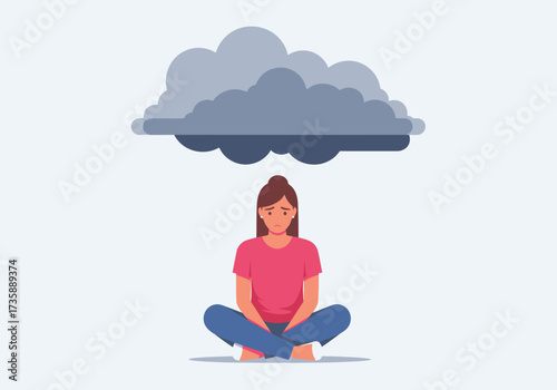 An illustration depicting a woman facing mental health challenges, symbolizing depression, sadness, and emotional distress with a dark cloud