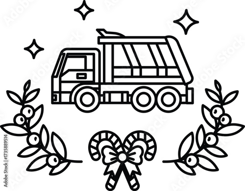 A black and white drawing of a truck with a bow on it