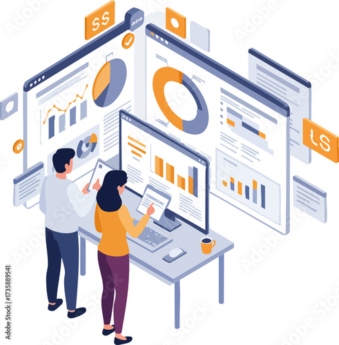 Isometric Illustration Data Analysis Dashboard with People and Computer Screen
