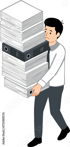 Cartoon Isometric Man Carrying Huge Stack of Paper and Binder Document
