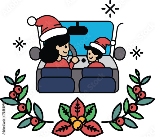 A woman and a child are in a car, with a wreath of leaves in the background