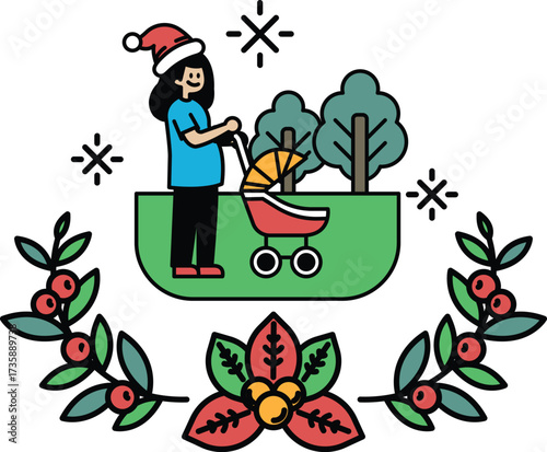 A woman is pushing a stroller in a park