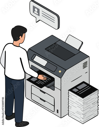 Isometric Illustration Man Operating Printer Device Printing Documents Paperwork Office