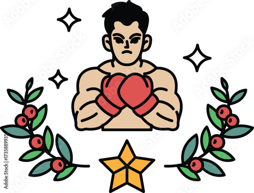 A man in a boxing glove is holding a star and surrounded by leaves