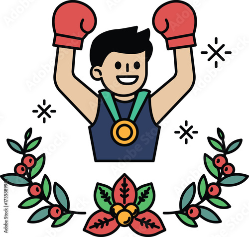 A cartoon of a man holding boxing gloves and a gold medal