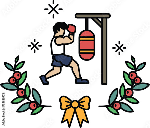 A man is boxing with a red and white bag