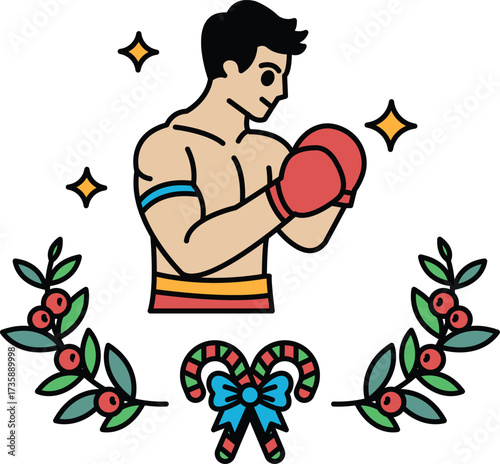A man is holding a boxing glove and standing in front of a wreath