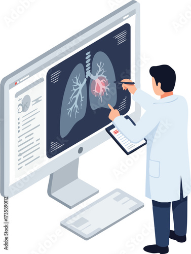 Isometric Doctor Analyzing Lungs X-ray on Computer Screen Illustration