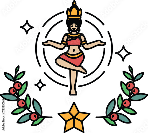 A woman in a red dress is dancing in a circle