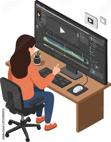 Isometric Graphic Woman Editing Digital Footage on Computer Workspace Illustration