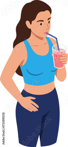 Modern Flat Illustration of Fit Woman Drinking Smoothie Beverage