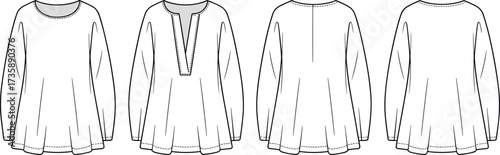 Flat sketch tunic top CAD vector, long sleeve blouse fashion template with round neck and V-neck options apparel design