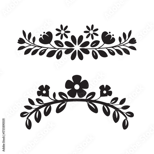 Set of Traditional Folk Art Flower and Leaf Horizontal Dividers Silhouette for Invitation and Decorative Design