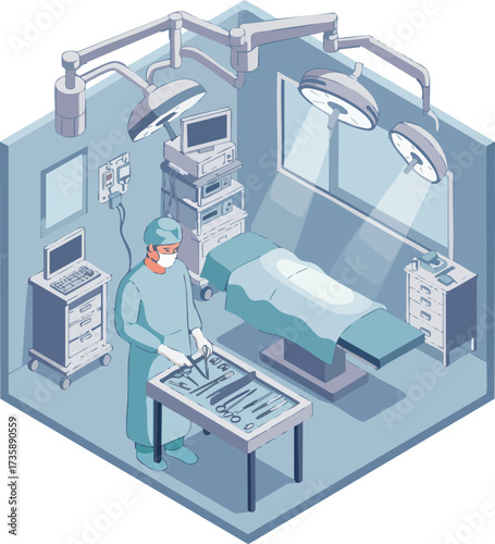 Isometric Detailed Operating Room Interior with Surgeon and Medical Equipment Illustration