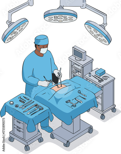 Isometric Professional Surgeon Performing Operation in Operating Room Illustration