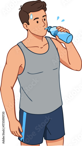 Flat Style Illustration of Man Drinking Water from Plastic Bottle