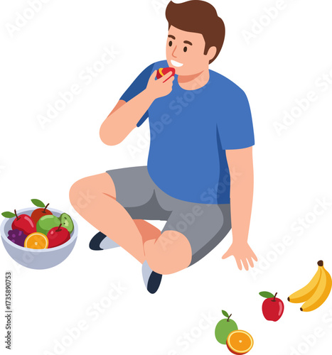 Flat Illustration of a Man Sitting and Eating an Apple Fruit