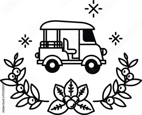 A black and white drawing of a tuk tuk with a flowery border